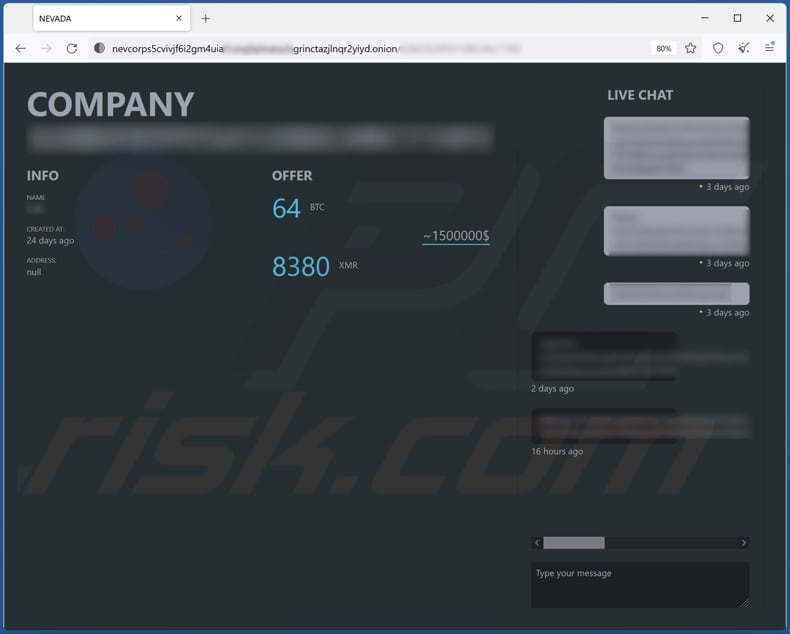 Chat ao vivo do ransomware NEVADA