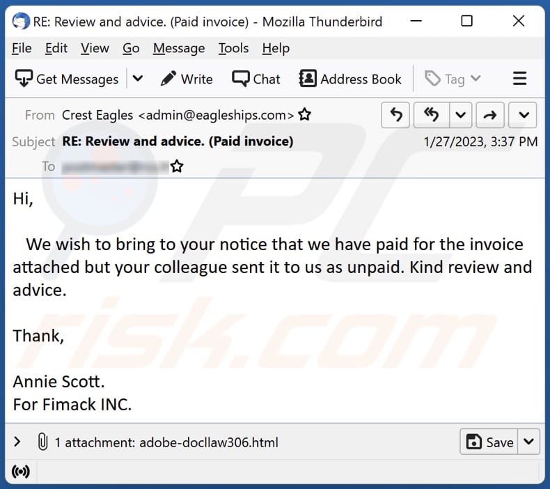 campanha de spam por email Paid/Unpaid Invoice