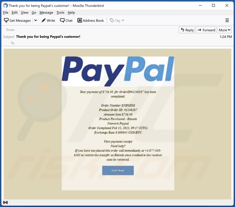 campanha de spam por email PayPal - Order Has Been Completed