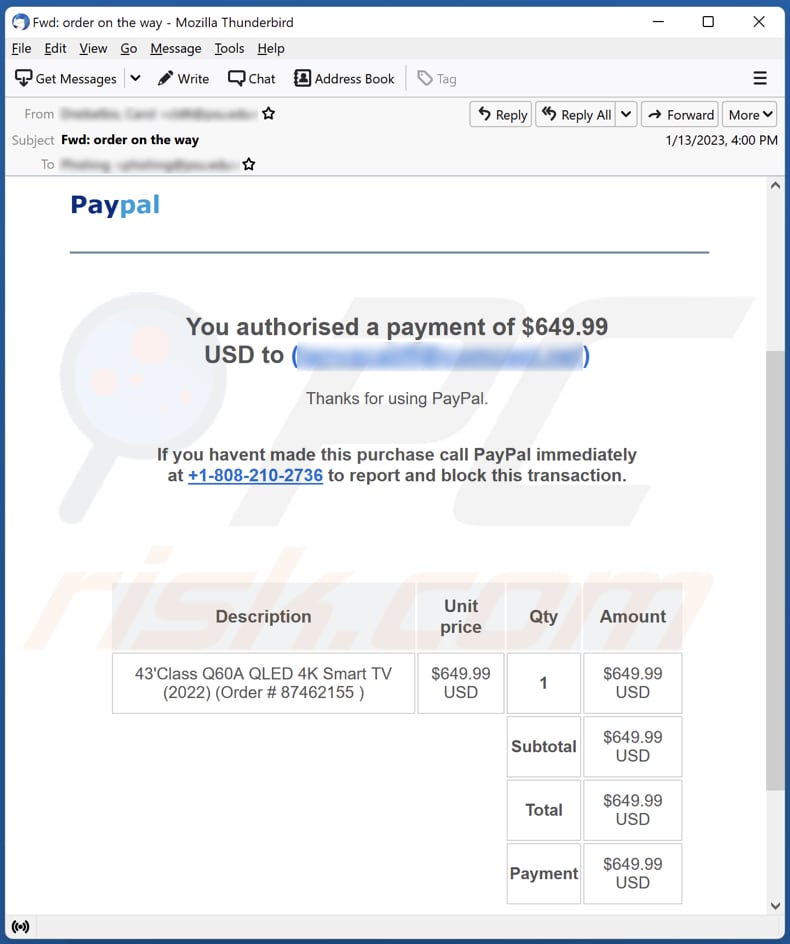 campanha de spam por email PayPal - You Authorised A Payment
