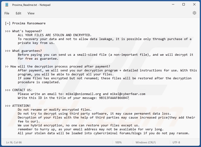 Nota de resgate do ransomware Proxima (Proxima_Readme.txt)