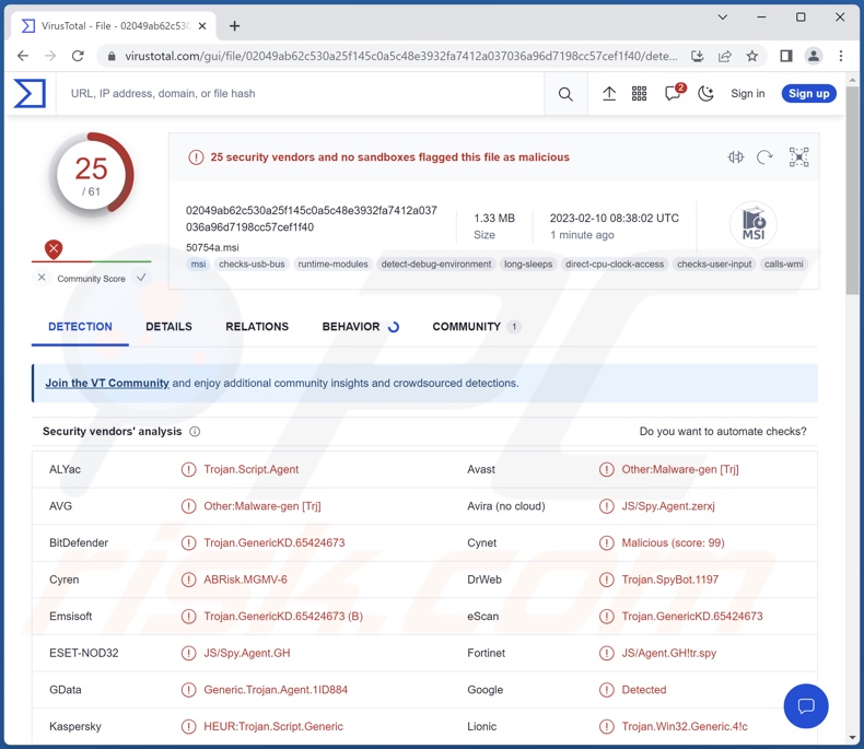 Detecções do malware Screenshotter no VirusTotal