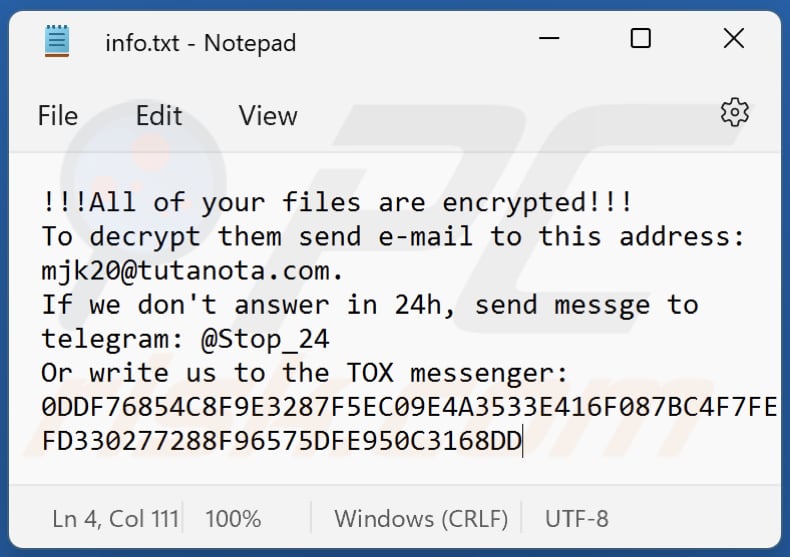 Ficheiro txt do ransomware SHTORM (info.txt)