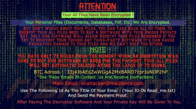 Fundo do ambiente de trabalho do ransomware Sirattacker ()