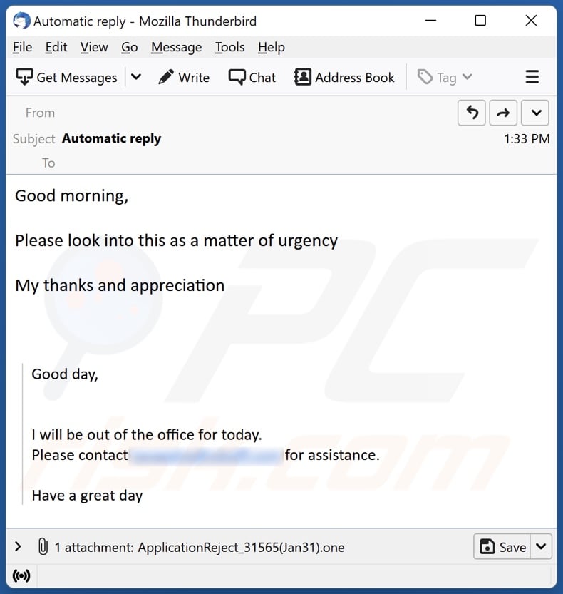 Email de spam a distribuir um documento OneNote malicioso 2