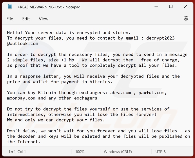 Nota de resgate do ransomware Stolen (Makop) (+README-WARNING+.txt)