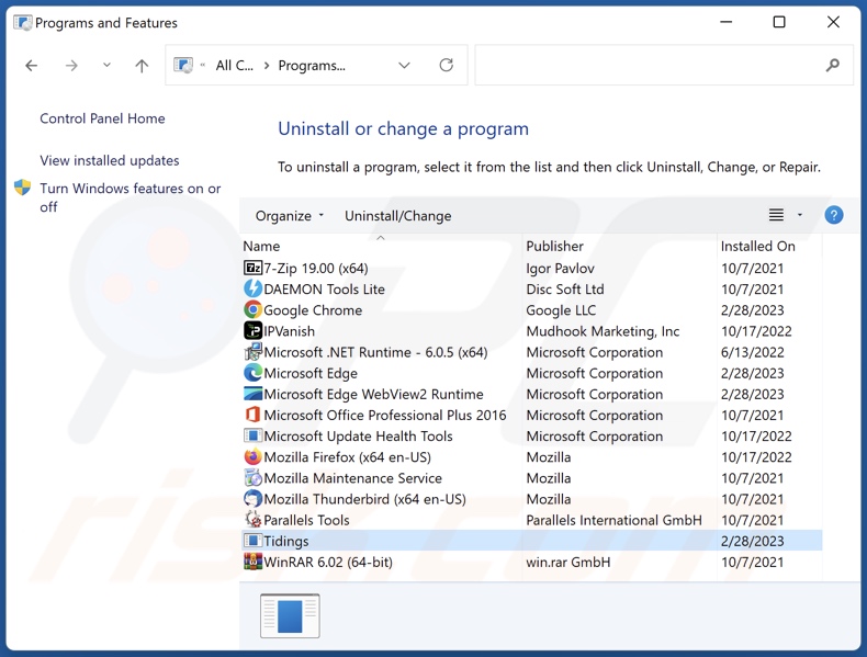 Desinstalação do adware Tidings através do Painel de Controlo