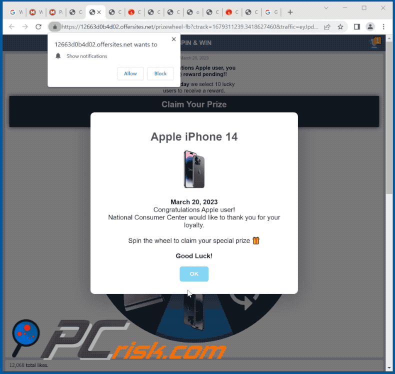 Aparência da fraude Apple iPhone 14 Winner (GIF)