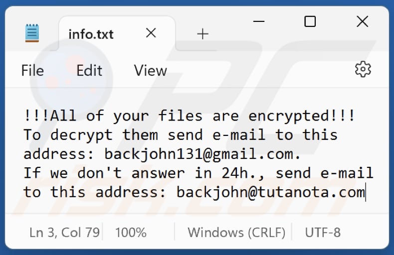 ficheiro de texto do ransomware BACKJOHN (info.txt)
