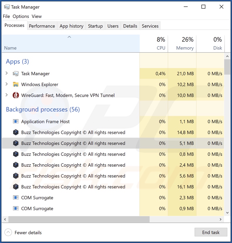 Processo do adware Buzz no Gestor de Tarefas (Buzz Technologies Copyright (c) Todos os direitos reservados - nome do processo)