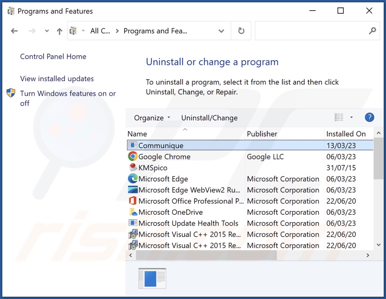 Desinstalação do adware Communique através do Painel de Controlo