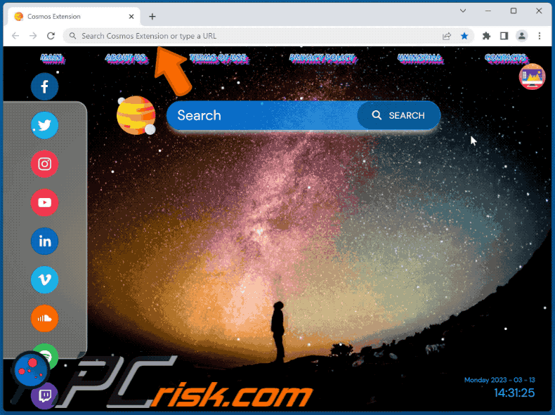 Sequestrador do navegador Cosmos Extension a redireccionar para Bing (GIF)