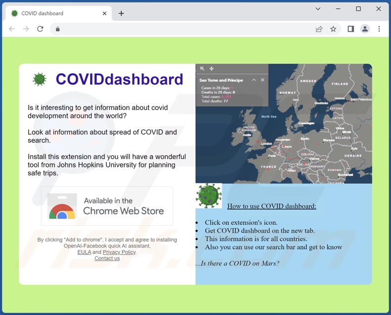 Site utilizado para promover o sequestrador de navegador COVID Dashboard