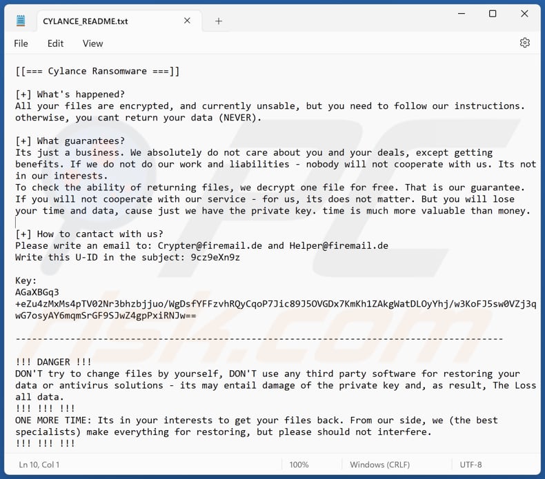 Ficheiro de texto do ransomware Cylance (CYLANCE_README.txt)