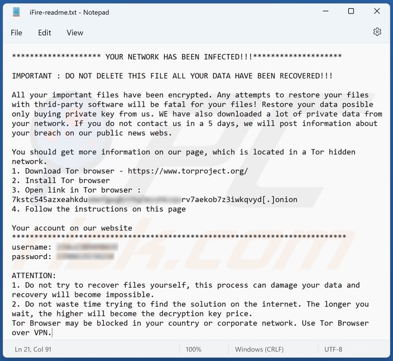 Ficheiro de texto do ransomware IceFire (iFire-readme.txt)