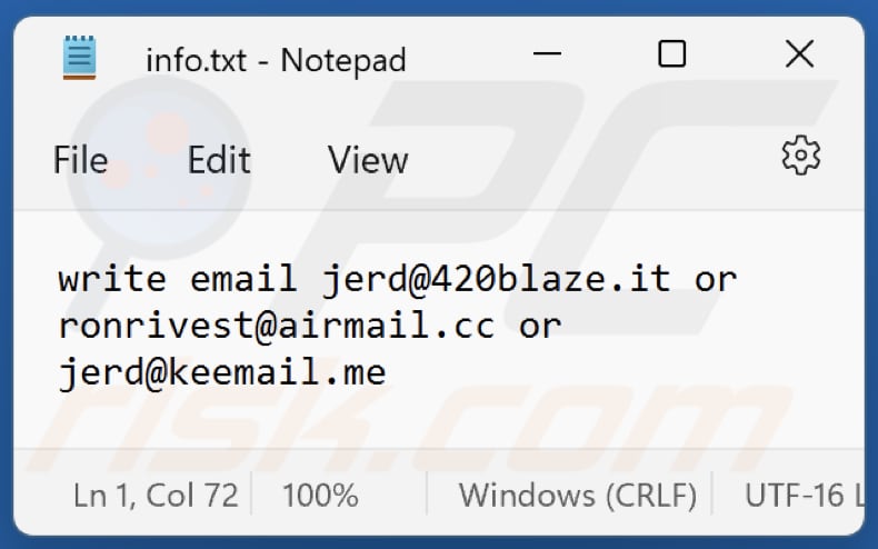 Ficheiro de texto do ransomware Jerd  (info.txt)