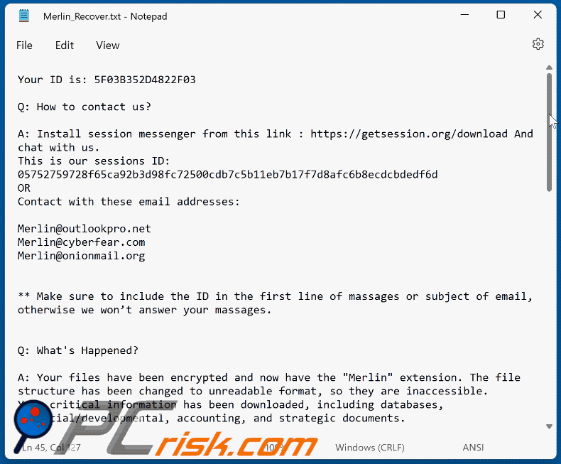 Nota de resgate do ransomware Merlin (Merlin_Recover.txt) GIF