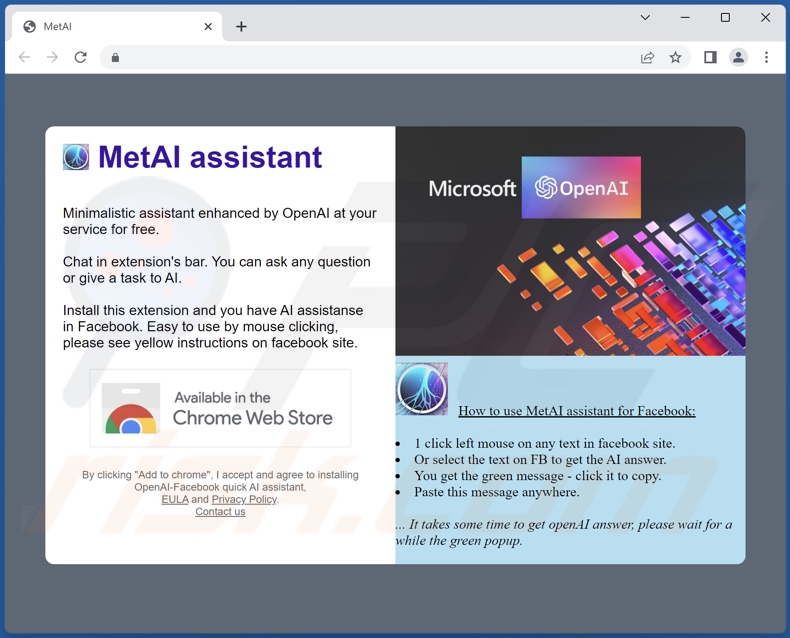 Site de promoção do adware MetAI assistant