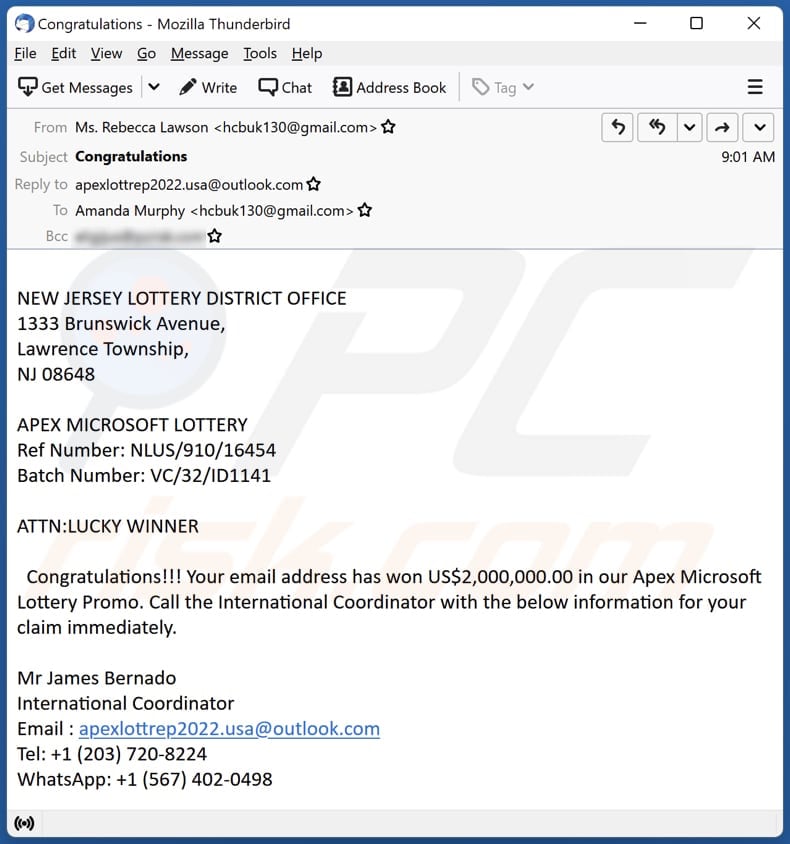 campanha de spam por email Microsoft Lottery