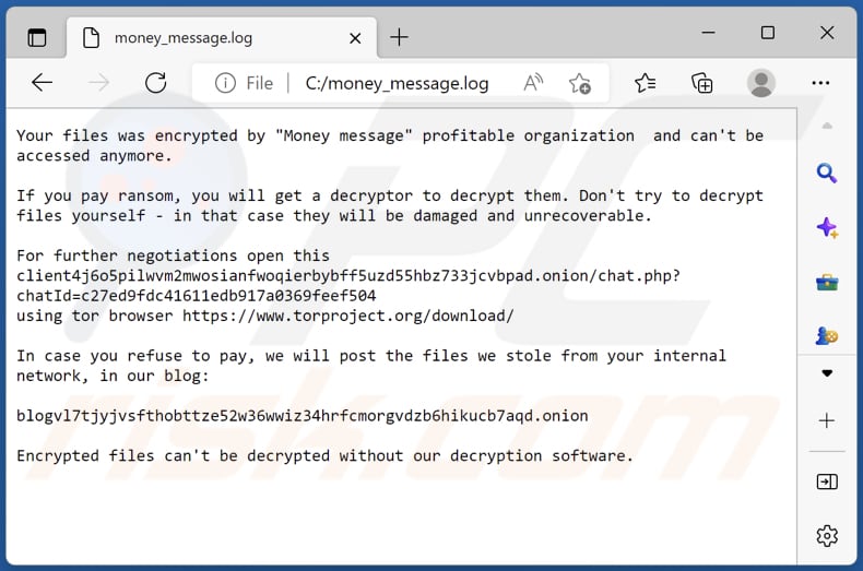 Ficheiro de texto do ransomware Money Message (money_message.log)