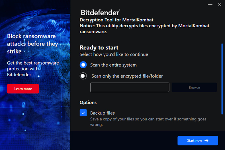 Desencriptador do ransomware MortalKombat por Bitdefender