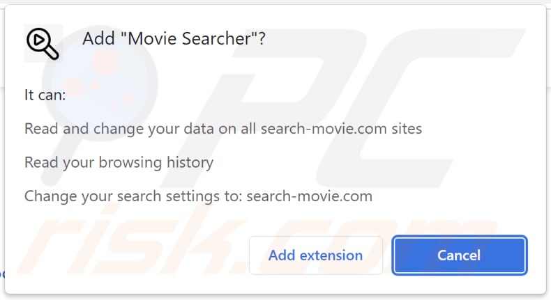 Sequestrador de navegador Movie Searcher a pedir permissões