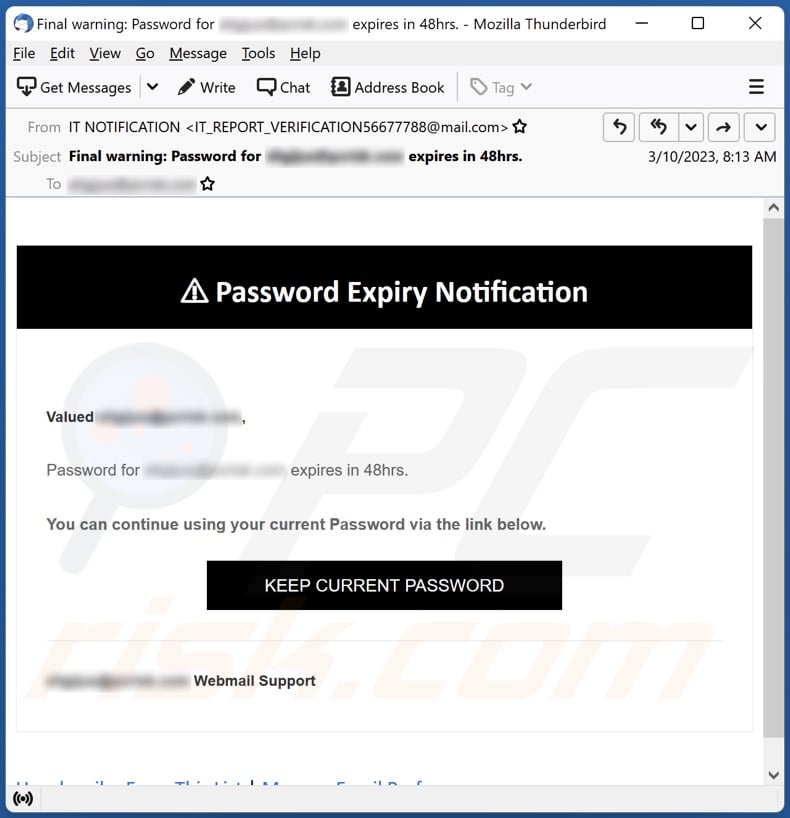 campanha de spam por email Password Expiry Notification