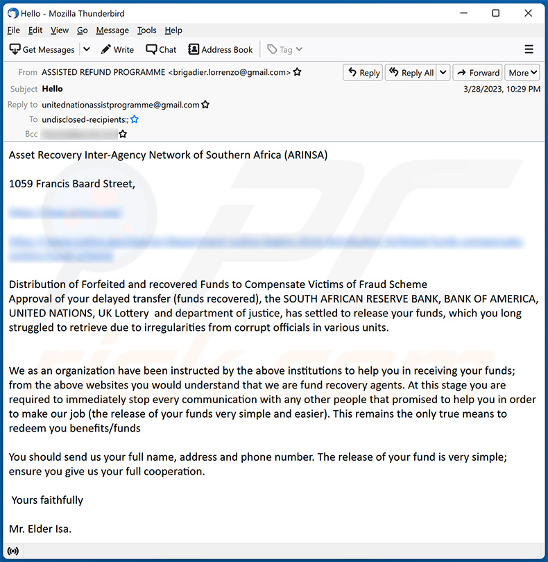 fraude por email Scam Victim Compensation Funds (2023-03-29)
