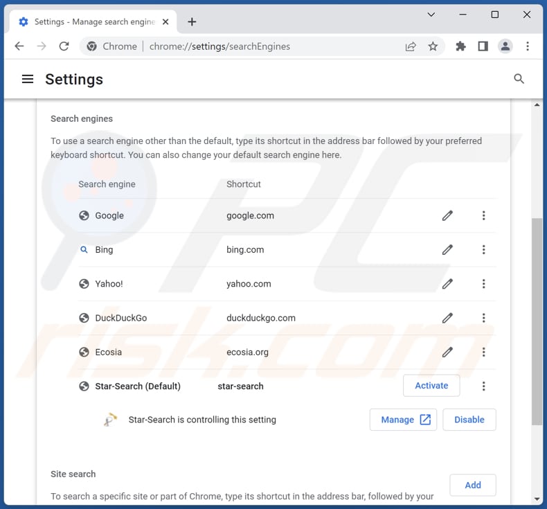 Removendo star-search.xyz do motor de pesquisa padrão do Google Chrome