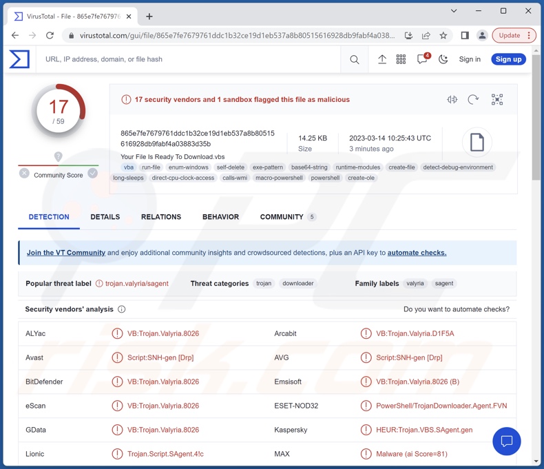 Detecções de Valyria em VirusTotal