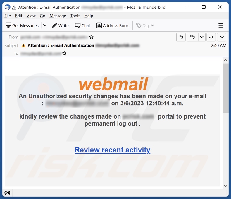 campanha de spam por email Webmail Security Changes
