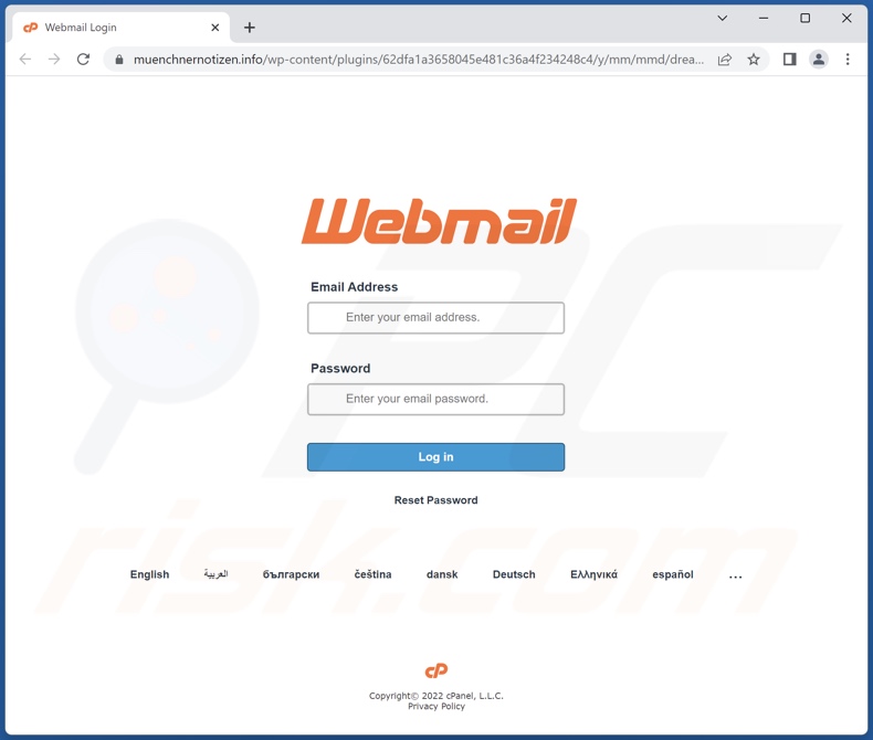 site de phishing promovido pelo email fraudulento Webmail Security Changes 