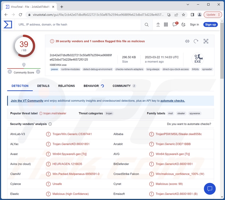 Detecções do malware Zaraza no VirusTotal