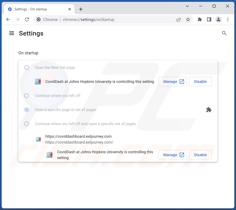 Removendo coviddashboard.extjourney.com da página inicial do Google Chrome