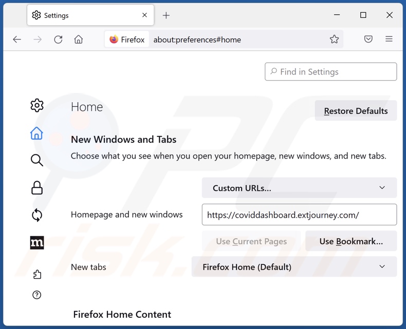 Removendo coviddashboard.extjourney.com da página inicial do Mozilla Firefox