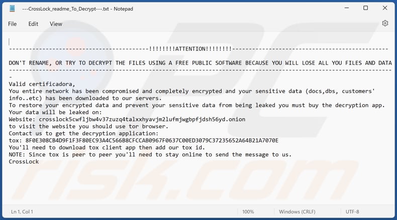 Ficheiro de texto do ransomware CrossLock (---CrossLock_readme_To_Decrypt---.txt)