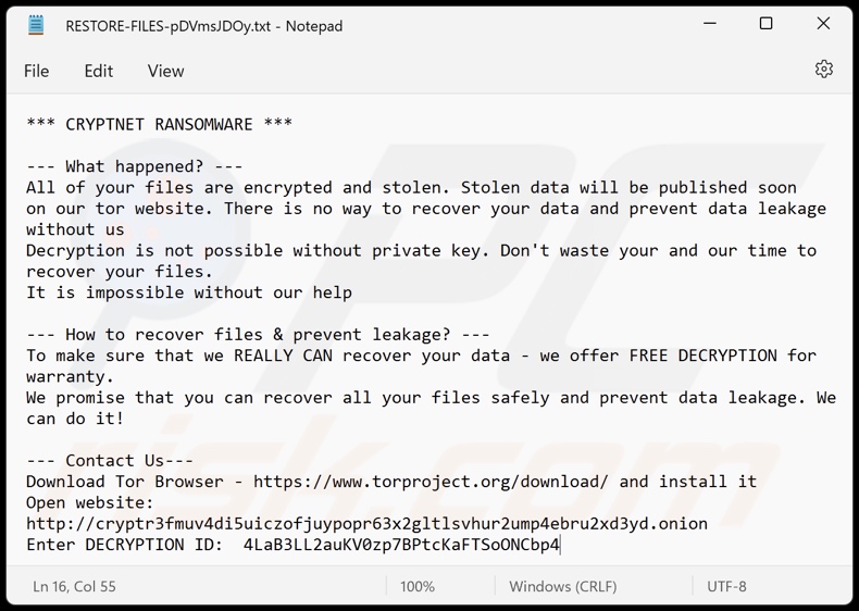 Nota de resgate do ransomware CRYPTNET (RESTORE-FILES-[random_string].txt)