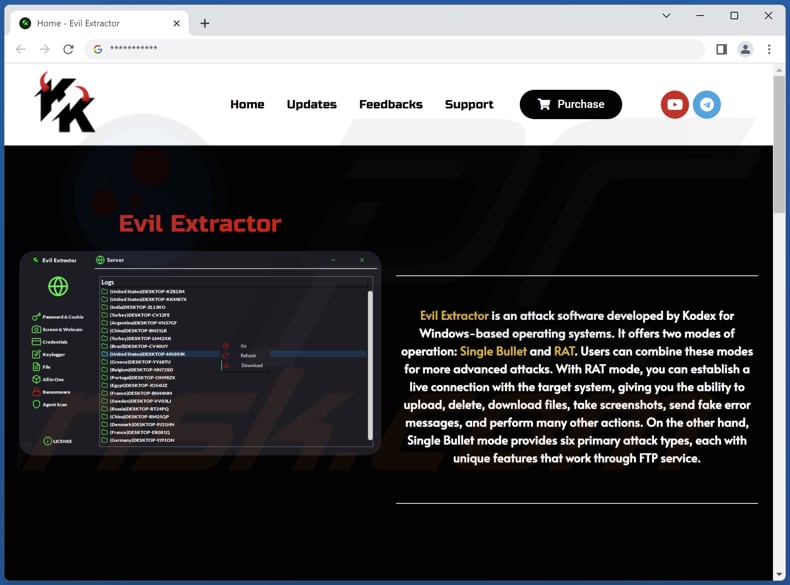 Site oficial do malware Evil Extractor