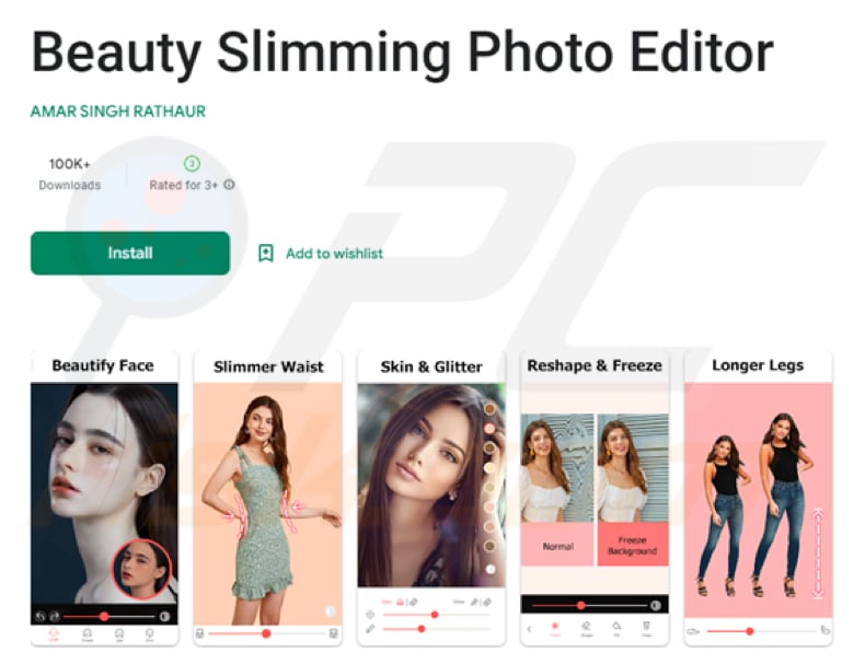 Aplicação maliciosa do trojan Fleckpe (Beauty Slimming Photo Editor) exemplo 1