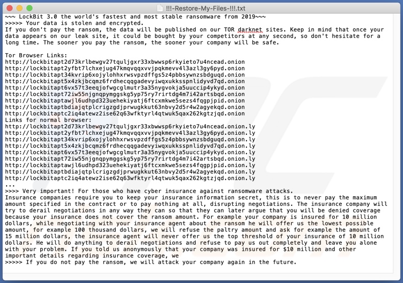 Nota de resgate do ransomware LockBit (!!!-Restore-My-Files-!!!.txt)