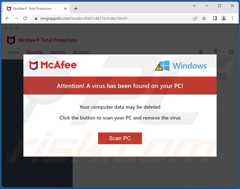 fraude McAfee - A Virus Has Been Found On Your PC!