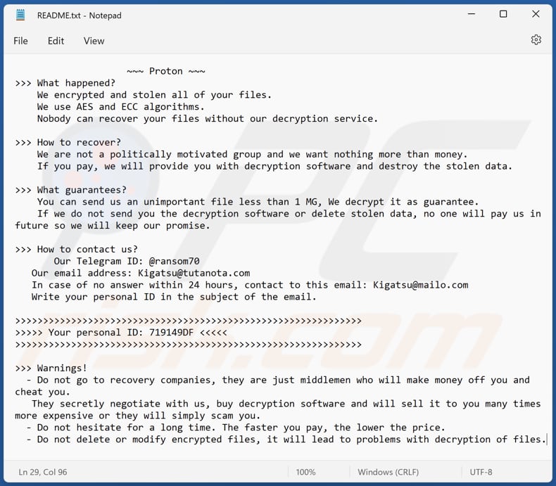 Ficheiro de texto do ransomware Proton (README.txt)