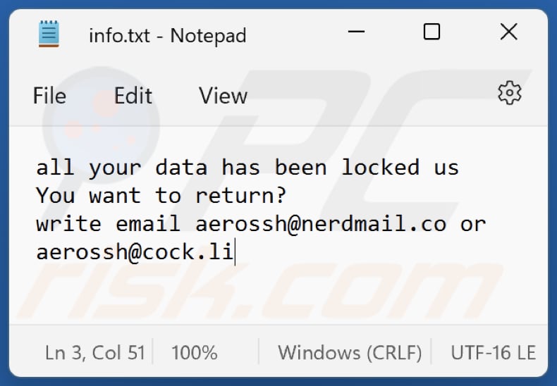 Ficheiro txt do ransomware Rea (info.txt)