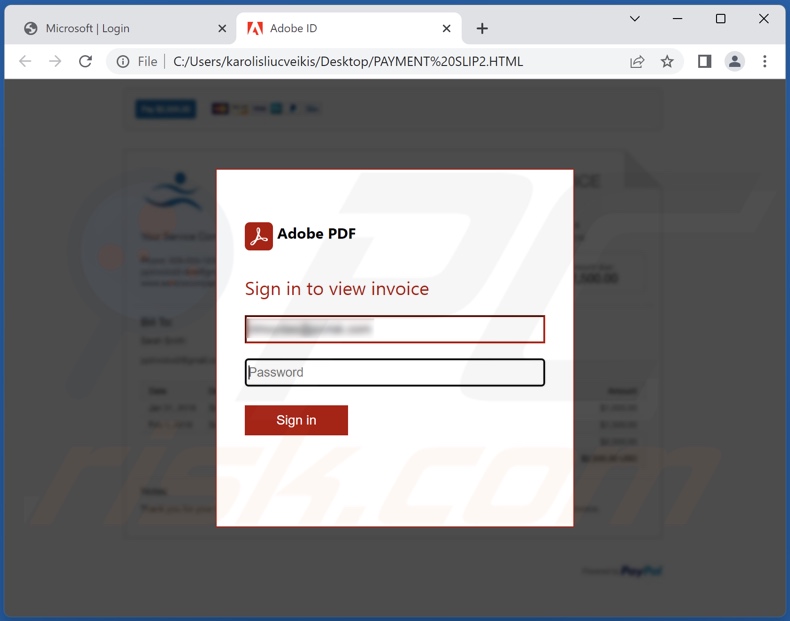 ficheiro de phishing promovido pelo email fraudulento Reconfirm Shipping Documents (PAYMENT SLIP.HTML) 2