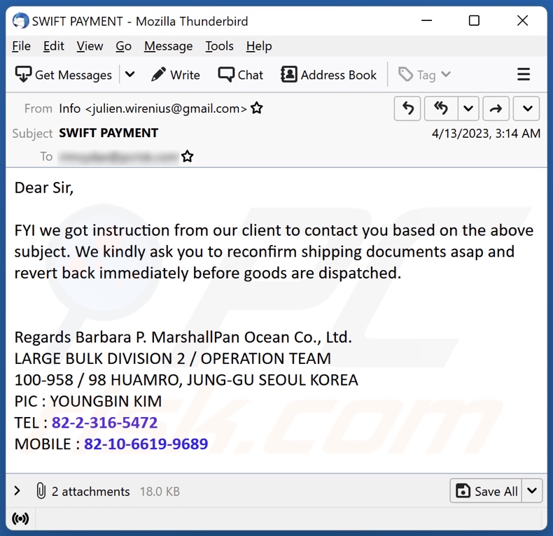 campanha de spam por email Reconfirm Shipping Documents