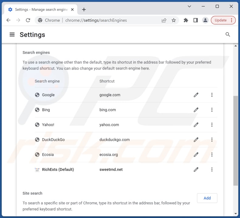 Removendo sweetrnd.net do motor de pesquisa padrão do Google Chrome