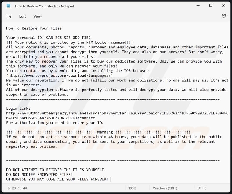 Ficheiro de texto do ransomware RTM Locker (How To Restore Your Files.txt)