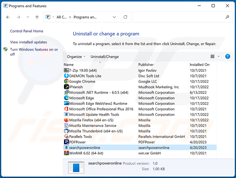 Desinstalação do sequestrador de navegador searchpoweronline.com através do Painel de Controlo