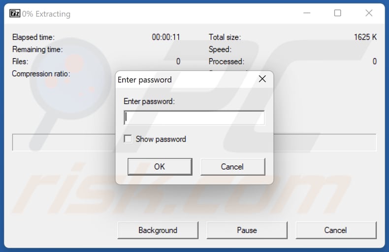 malware de ficheiro de auto-extracção (SFX) protegido por palavra-passe SFX gerado utilizando o 7zip 