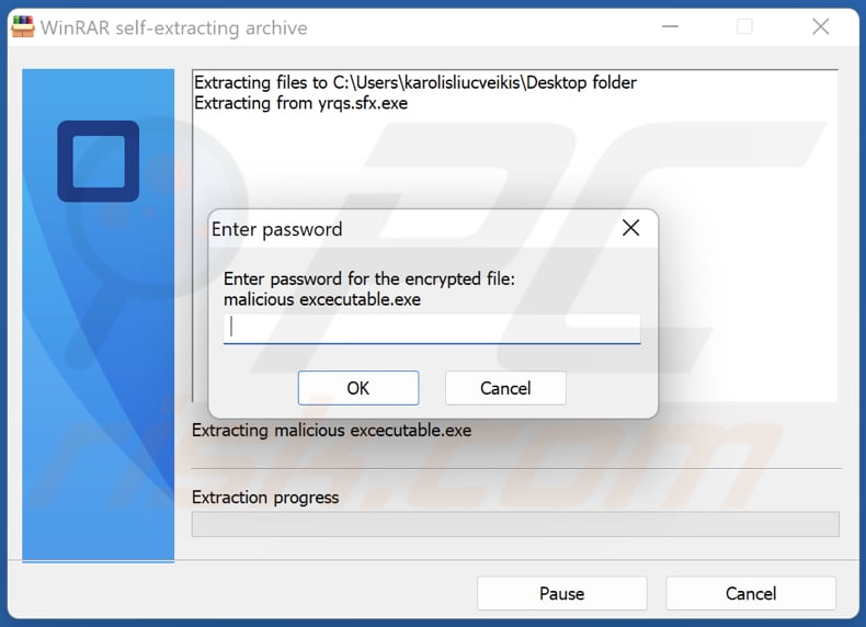 ficheiro de arquivo de auto-extracção (SFX) SFX Malware protegido por palavra-chave gerada usando WinRAR